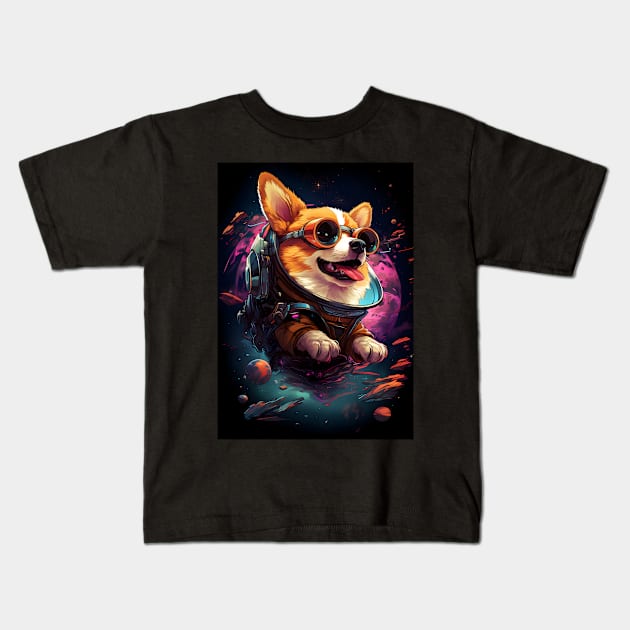 Corgi in Space Funny Welsh Corgi Pembroke Dog Lover Cyberpunk Kids T-Shirt by Ai Wanderer